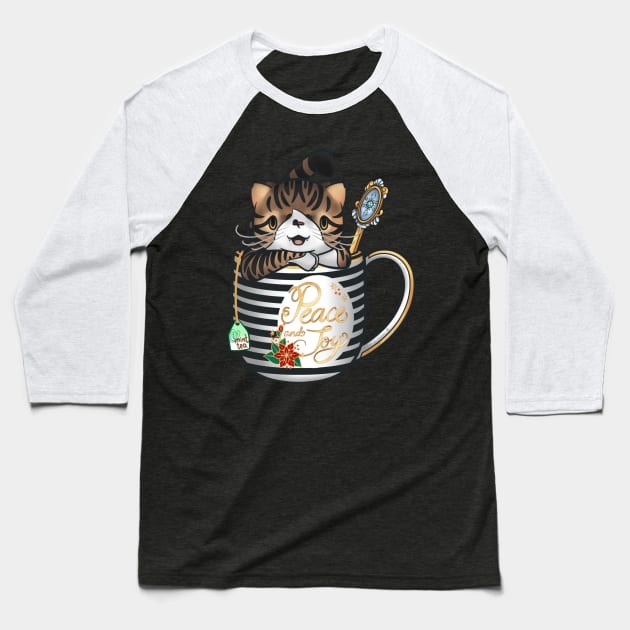 “Peace and Joy” Spice the tabby cat in a teacup keeping warm for the holidays Baseball T-Shirt by SamInJapan